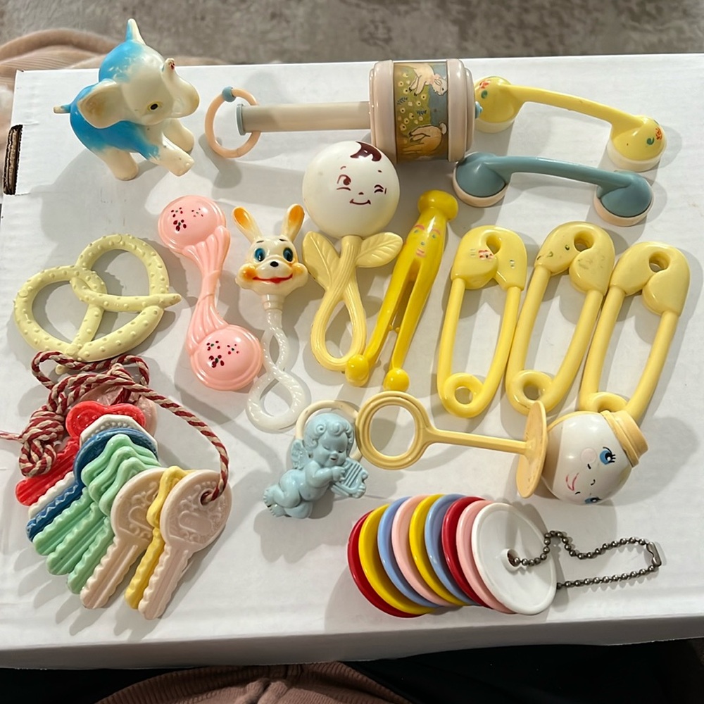 Vintage Baby Rattles lot of 16 elephant, phone, safety diaper pin Baby s…